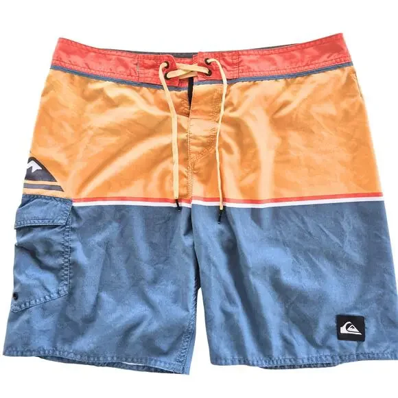 Quiksilver Mens Board Shorts Swim Trunks Sz 34 Colorful Orange Blue Logo Pocket - Picture 1 of 8